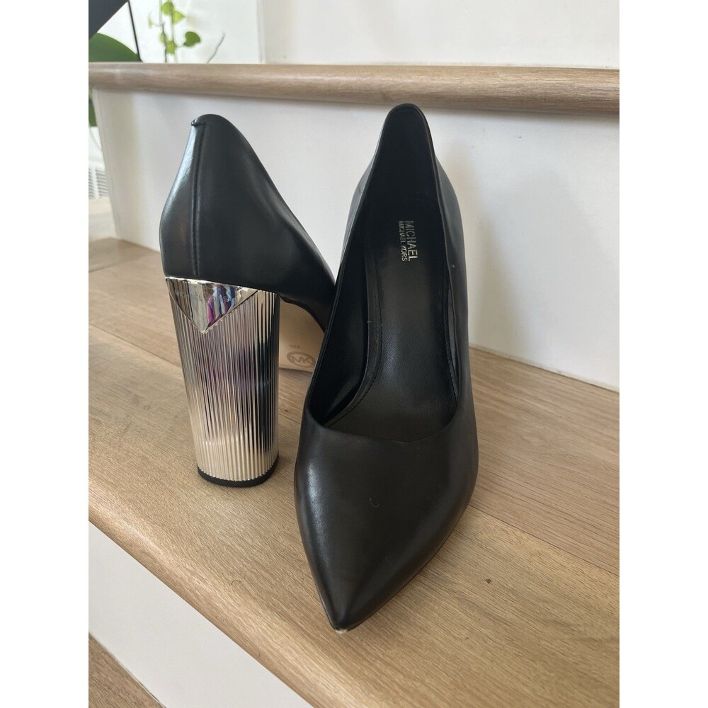 Michael Kors Leather Womens Shoes Size 9M Black Silver Block Heels Pointed Toe